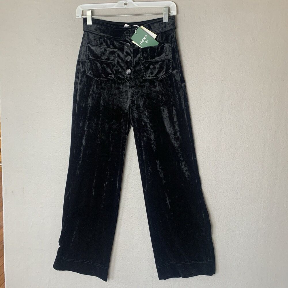 Halara Pants Women Size SP Black Velvet High Waisted Pockets Wide Leg Casual